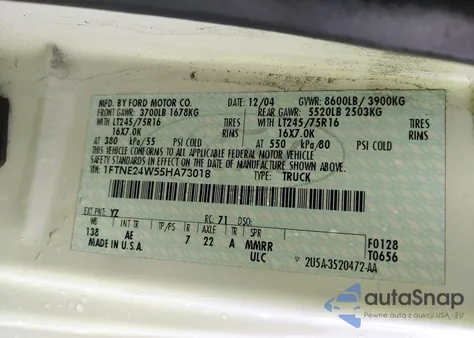 2005 Ford E-250 Commercial/Recreational from USA, damaged, VIN 1FTNE24W55HA73018